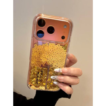 Husa de telefon iPhone cu foiță de aur, glitter lichid, copac norocos și motif floral cu caras auriu