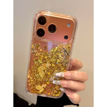 Husa de telefon iPhone cu foiță de aur, glitter lichid, copac norocos și motif floral cu caras auriu