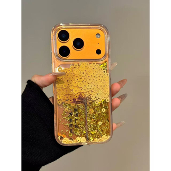Husa de telefon iPhone cu foiță de aur, glitter lichid, copac norocos și motif floral cu caras auriu