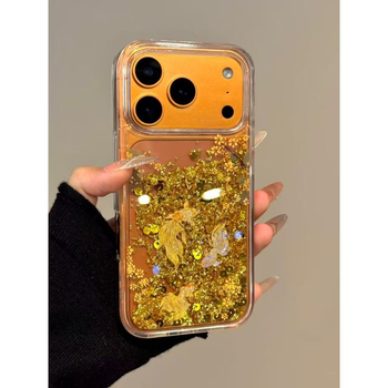Husa de telefon iPhone cu foiță de aur, glitter lichid, copac norocos și motif floral cu caras auriu