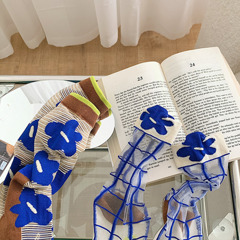 Ženske ljetne tanke čarape Klein Blue s cvjetnim uzorkom, do polovine potkoljenice, prozirne s kristalnim effektom, INS stil