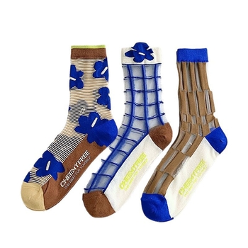 Ženske ljetne tanke čarape Klein Blue s cvjetnim uzorkom, do polovine potkoljenice, prozirne s kristalnim effektom, INS stil