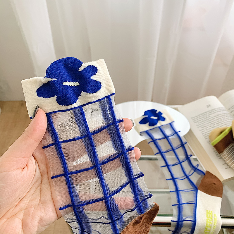 Ženske ljetne tanke čarape Klein Blue s cvjetnim uzorkom, do polovine potkoljenice, prozirne s kristalnim effektom, INS stil