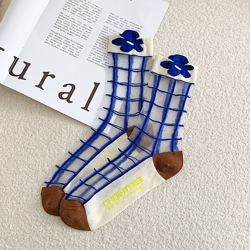Ženske ljetne tanke čarape Klein Blue s cvjetnim uzorkom, do polovine potkoljenice, prozirne s kristalnim effektom, INS stil