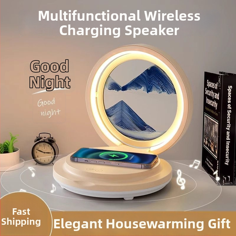 Stolná lampa s obrazom tečúceho piesku, bezdrôtové nabíjanie, Bluetooth reproduktor, nočná lampička na nočný stolík