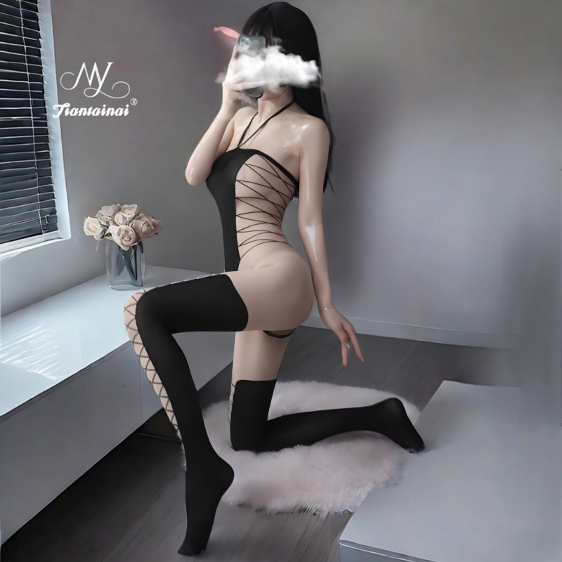 Jacquard bodystocking s otvorom u preponi, ženski set