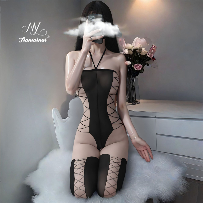Jacquard bodystocking s otvorom u preponi, ženski set