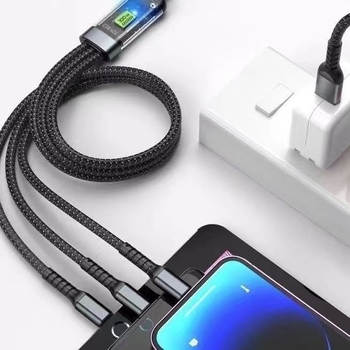 1-3 s 100W brzog punjenja, tri u jedan (Lightning, Micro USB, USB-C), za Apple, Android i Huawei, duljina 1,2 m, pleteni srebrno-sivi