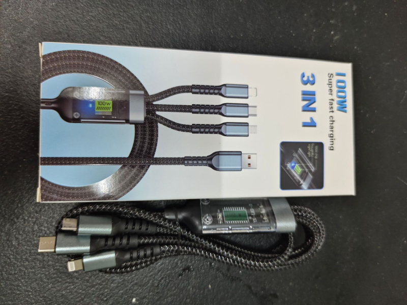 1-3 s 100W brzog punjenja, tri u jedan (Lightning, Micro USB, USB-C), za Apple, Android i Huawei, duljina 1,2 m, pleteni srebrno-sivi