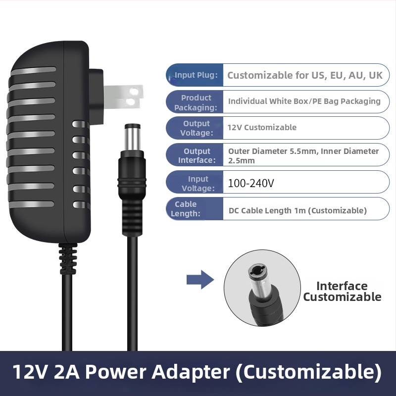 Napájací adaptér 12V 2A pre masážne prístroje, LED pásy, monitorovacie kamery, reproduktory, pevné disky, set-top boxy a smerovače.