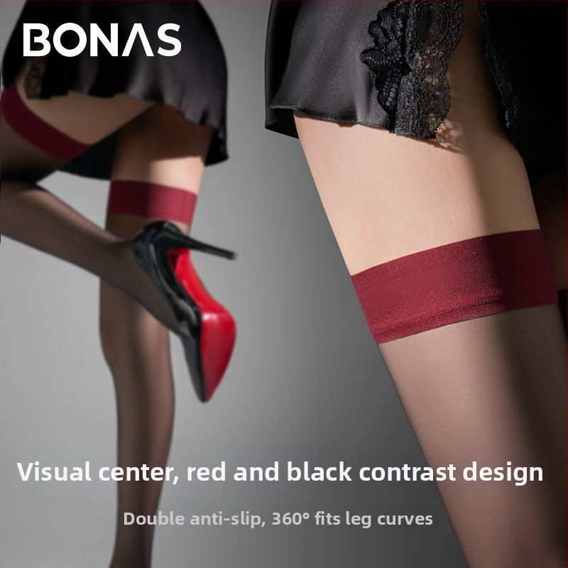 Bonas Charm Crne čarape iznad koljena s crvenim rubom, protuklizne, ultratanke od najlona