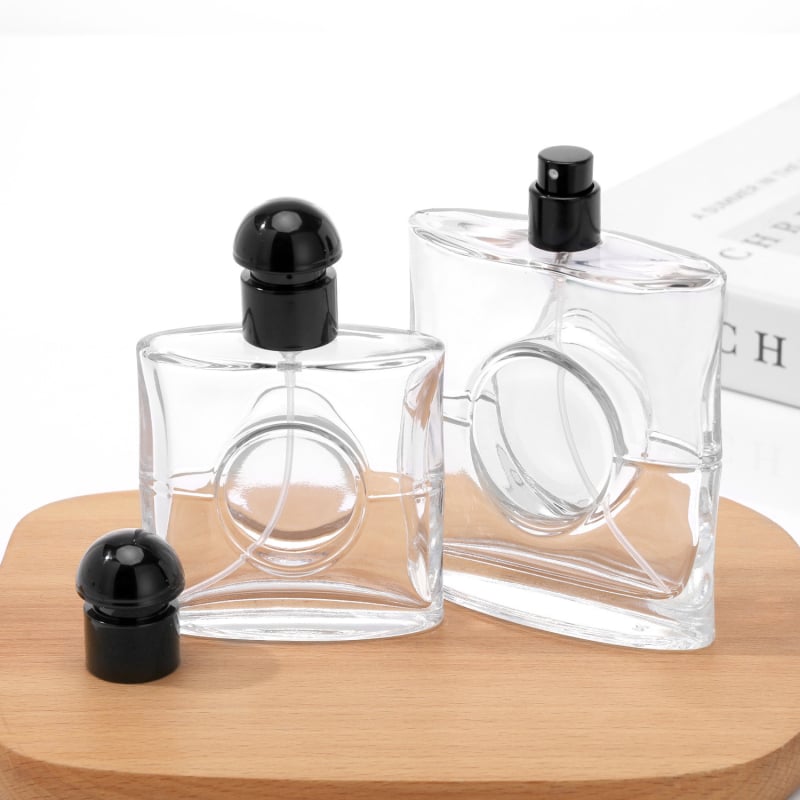 Üveg parfümös üvegek 50 ml és 75 ml, csattal záródó kupak, permetező fej, újratölthető üres mintákhoz