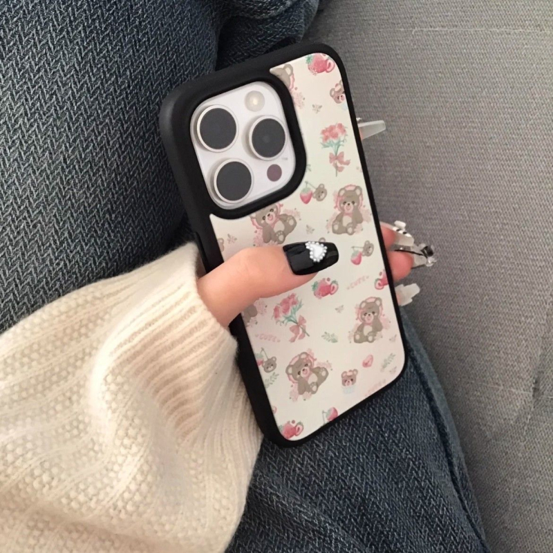  husă pentru iPhone în stil Ins, cu ursuleț floral, compatibilă cu iPhone 15 Pro Max, 14 Pro și 13/12 Pro