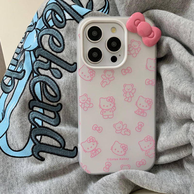 Maska za iPhone 14/15 s potpunim pokrivanjem i disipacijom topline, ugravirana ilustracija medvjedića s mašnicom, TPU