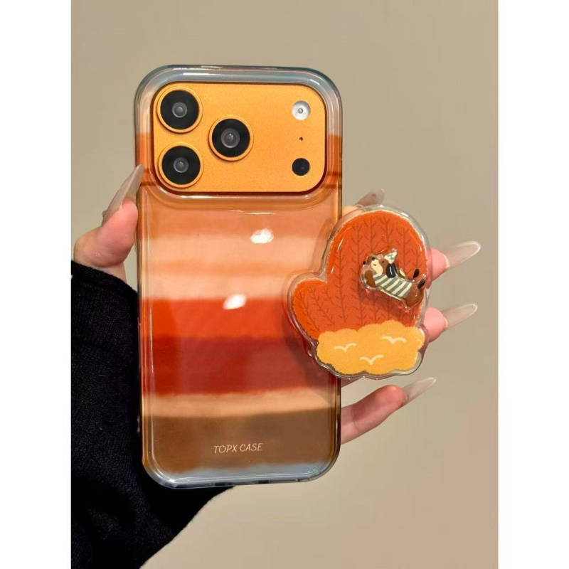 Carcasă pentru telefon minimalistă, cu gradient orange-cafeniu, dungi și motiv cu un câine
