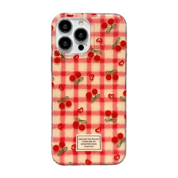 Futrola za iPhone 17 s korejsko-japanskim stilom, crveni karirani uzorak s motivom trešnje