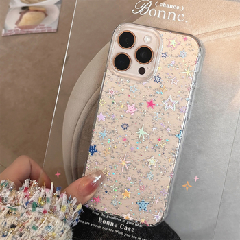 Carcasă cu stele lucioase multicolore, inspirată de stilul coreean, transparentă din TPU+PC, pentru iPhone 11-14 Pro/Pro Max, lucrată manual