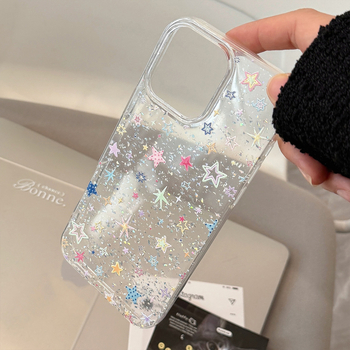 Carcasă cu stele lucioase multicolore, inspirată de stilul coreean, transparentă din TPU+PC, pentru iPhone 11-14 Pro/Pro Max, lucrată manual