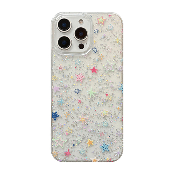 Carcasă cu stele lucioase multicolore, inspirată de stilul coreean, transparentă din TPU+PC, pentru iPhone 11-14 Pro/Pro Max, lucrată manual