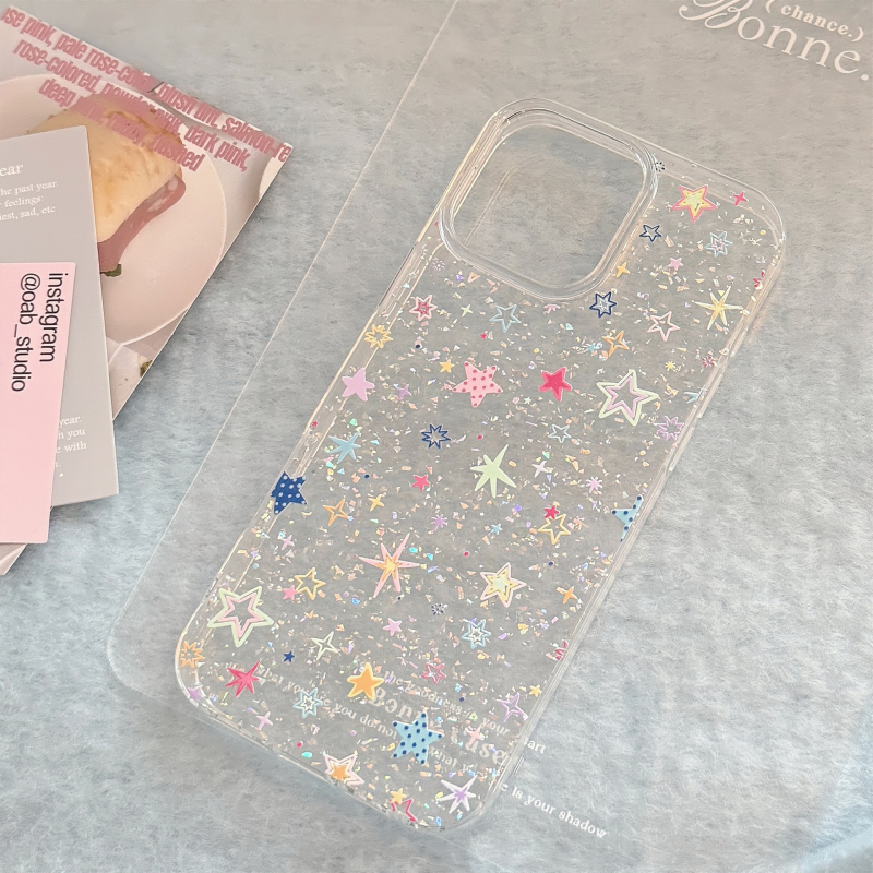 Carcasă cu stele lucioase multicolore, inspirată de stilul coreean, transparentă din TPU+PC, pentru iPhone 11-14 Pro/Pro Max, lucrată manual