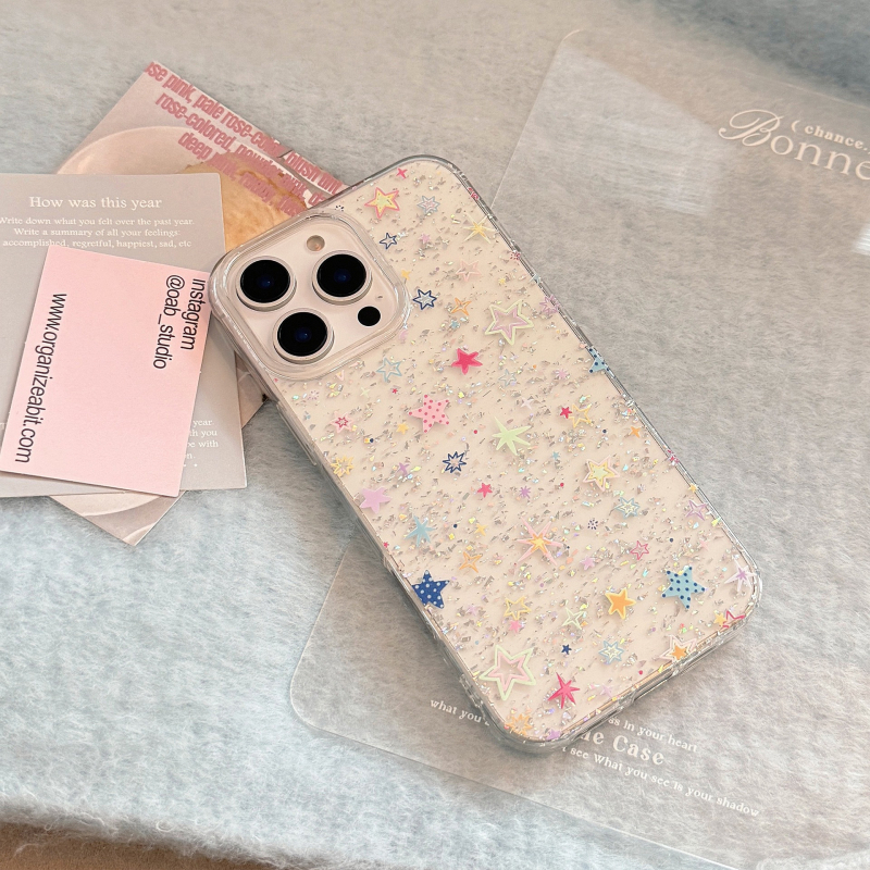 Carcasă cu stele lucioase multicolore, inspirată de stilul coreean, transparentă din TPU+PC, pentru iPhone 11-14 Pro/Pro Max, lucrată manual