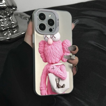 Husă roză pentru iPhone 12/13/XR cu ursuleț și măr, 16 Pro Max, design desen animat, carcasă rigidă