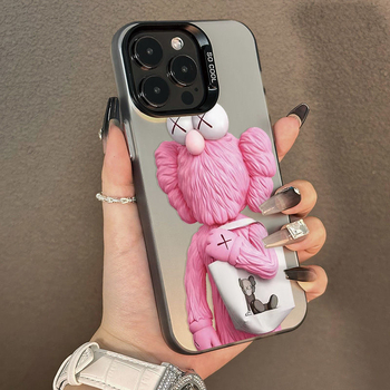 Husă roză pentru iPhone 12/13/XR cu ursuleț și măr, 16 Pro Max, design desen animat, carcasă rigidă