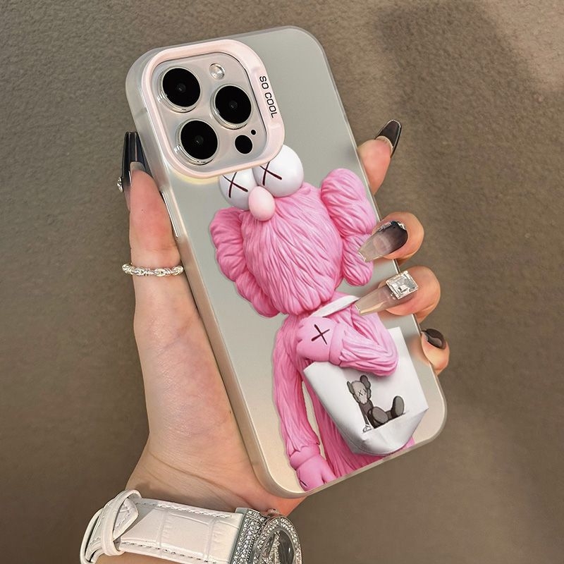 Husă roză pentru iPhone 12/13/XR cu ursuleț și măr, 16 Pro Max, design desen animat, carcasă rigidă
