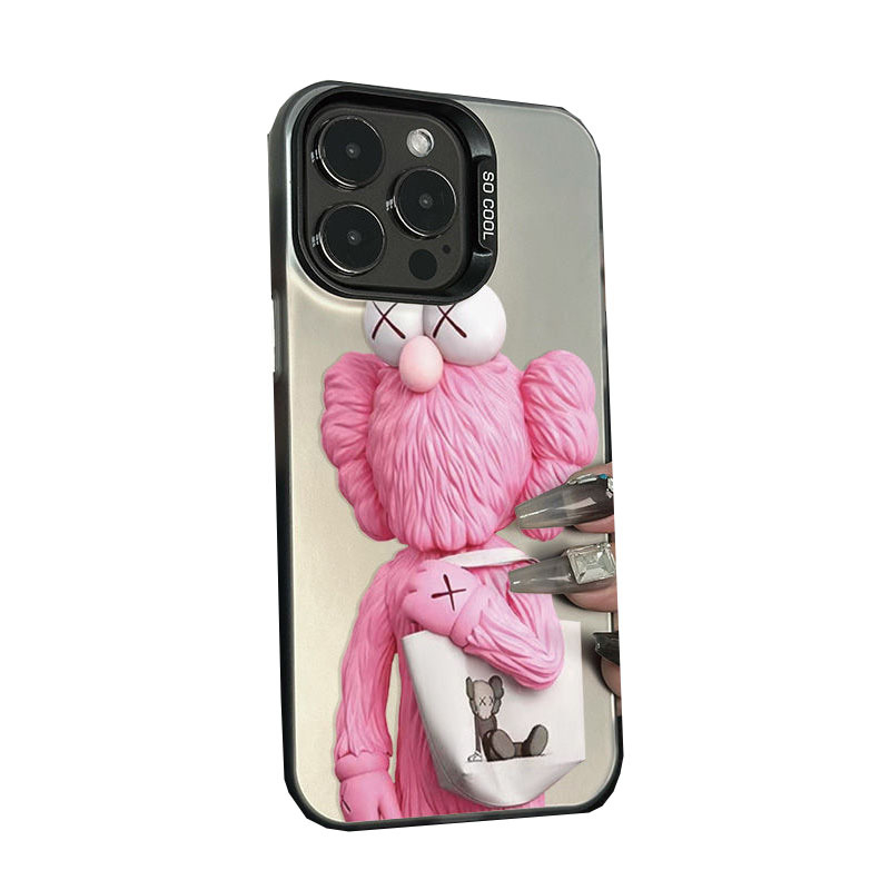 Husă roză pentru iPhone 12/13/XR cu ursuleț și măr, 16 Pro Max, design desen animat, carcasă rigidă