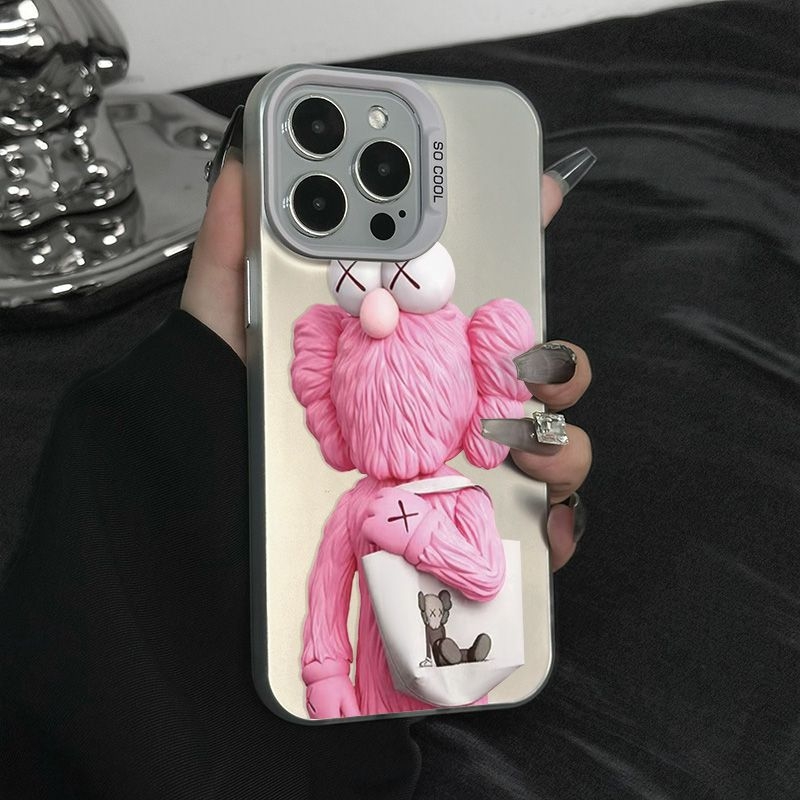 Husă roză pentru iPhone 12/13/XR cu ursuleț și măr, 16 Pro Max, design desen animat, carcasă rigidă