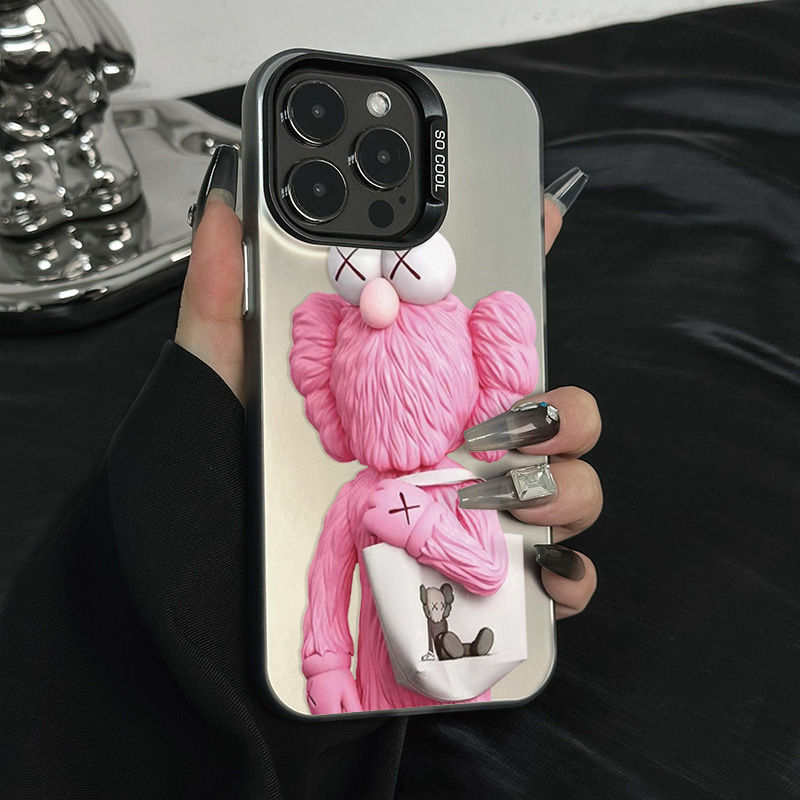 Husă roză pentru iPhone 12/13/XR cu ursuleț și măr, 16 Pro Max, design desen animat, carcasă rigidă