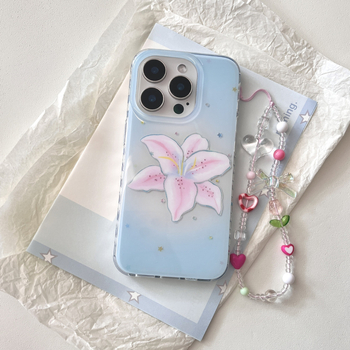 Silicijska maska za iPhone s plavim gradientnim pozadinom i ružom liliom — otpornost na padove, mekani ovitek, japansko-korejski stil