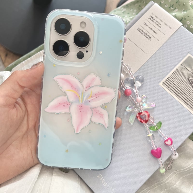 Silicijska maska za iPhone s plavim gradientnim pozadinom i ružom liliom — otpornost na padove, mekani ovitek, japansko-korejski stil