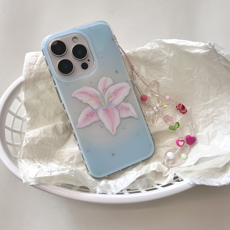Silicijska maska za iPhone s plavim gradientnim pozadinom i ružom liliom — otpornost na padove, mekani ovitek, japansko-korejski stil