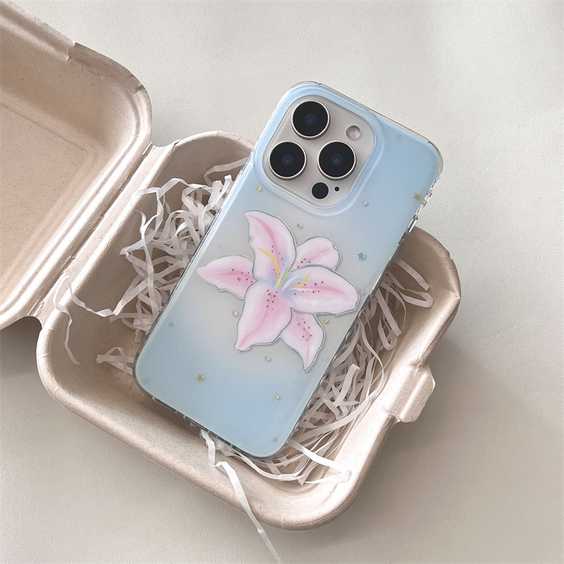 Silicijska maska za iPhone s plavim gradientnim pozadinom i ružom liliom — otpornost na padove, mekani ovitek, japansko-korejski stil