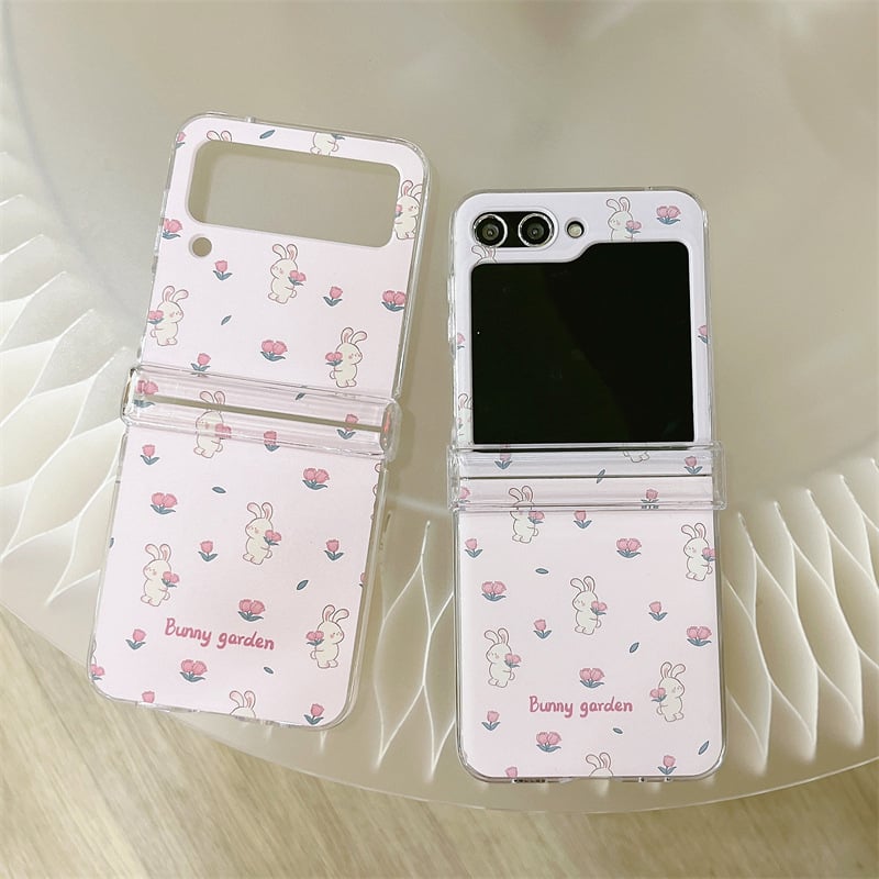 Husă rigidă personalizată, cu imprimeu floral în formă de iepure, pentru Samsung Galaxy Z Flip 3/4/5/6