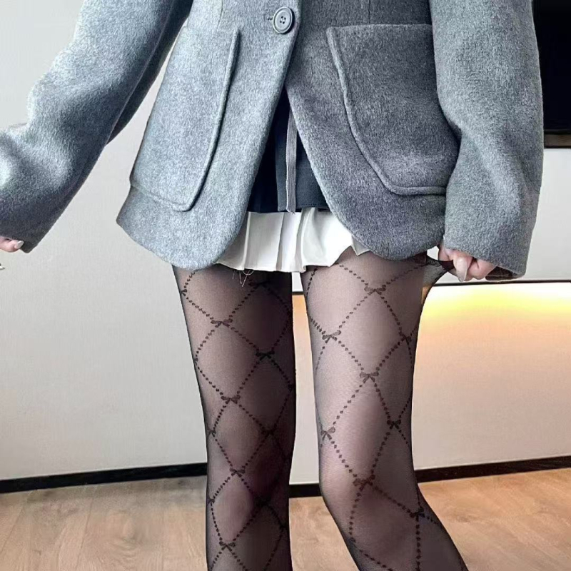 Korejskog stila seksi crne čarape iznad koljena s dijamantnim križnim uzorkom i mašnicom, mrežasti uzorak, tanke, otporne na zapetljavanje, za žene