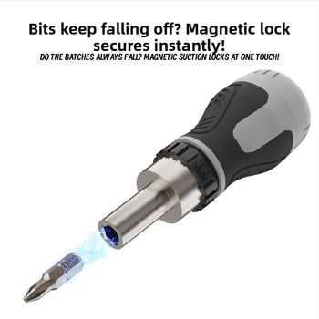 Ráčňový skrutkovač s krížovým a plochým hrotom, magnetický, s krátkou rukoväťou, kompaktný, špička tvaru mrkvy