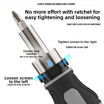 Ráčňový skrutkovač s krížovým a plochým hrotom, magnetický, s krátkou rukoväťou, kompaktný, špička tvaru mrkvy