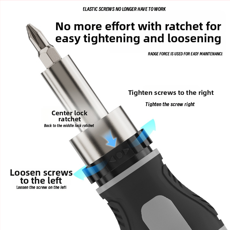 Ráčňový skrutkovač s krížovým a plochým hrotom, magnetický, s krátkou rukoväťou, kompaktný, špička tvaru mrkvy