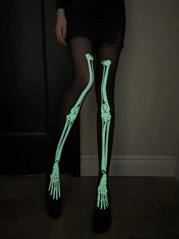 Svetleće u mraku hulahopke s motivom lubanje, JK disco stil, Halloween rekvizit, crne