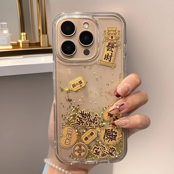 Prozirni acrilni kućište za iPhone sa zlatim bogom blagostanja, efekt tekućeg pijeska i glittera, zaštita od pada, kompatibilno s iPhone 11–14 Pro/Max