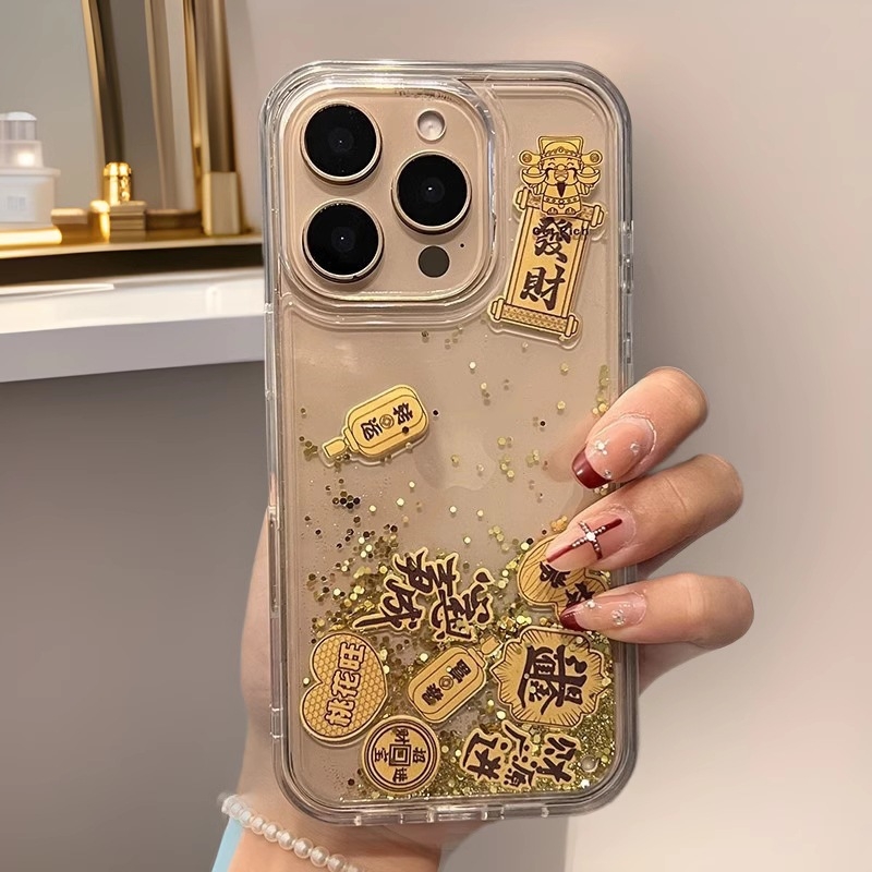 Prozirni acrilni kućište za iPhone sa zlatim bogom blagostanja, efekt tekućeg pijeska i glittera, zaštita od pada, kompatibilno s iPhone 11–14 Pro/Max