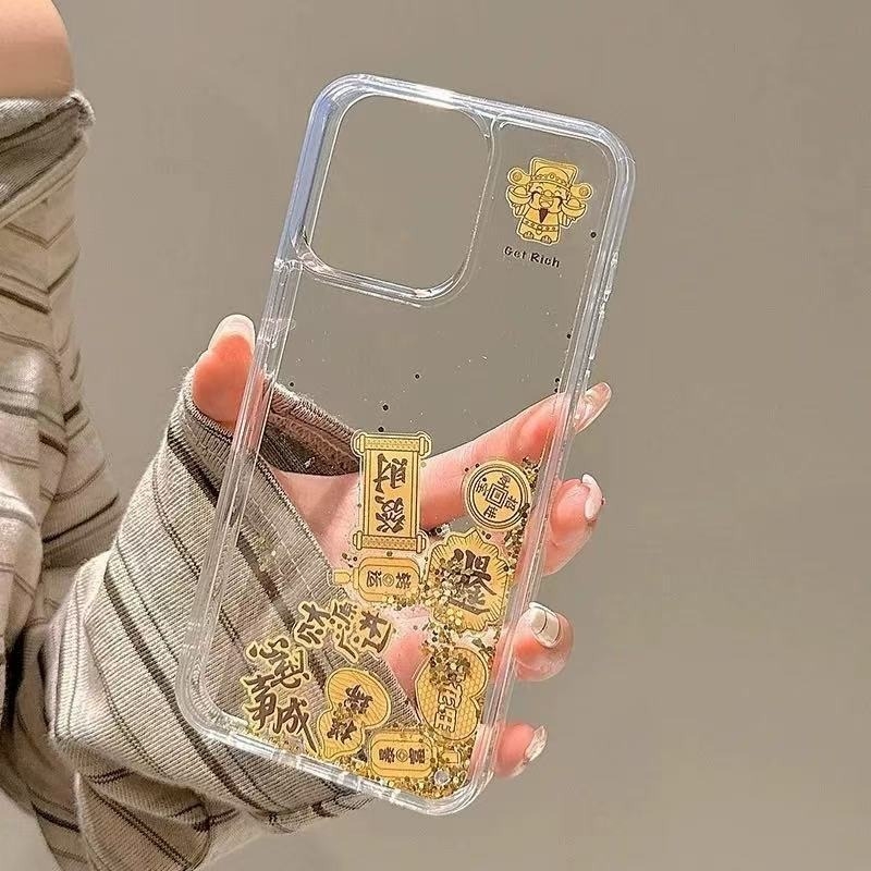 Prozirni acrilni kućište za iPhone sa zlatim bogom blagostanja, efekt tekućeg pijeska i glittera, zaštita od pada, kompatibilno s iPhone 11–14 Pro/Max