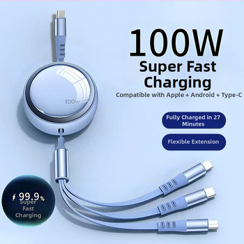 Kábel do auta 3 v 1 s výsuvným dátovým káblom pre Apple a Huawei, s konektormi Lightning, Micro USB a Type-C, dĺžka 1–2 m.