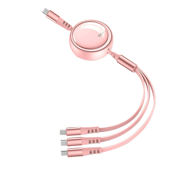 Kábel do auta 3 v 1 s výsuvným dátovým káblom pre Apple a Huawei, s konektormi Lightning, Micro USB a Type-C, dĺžka 1–2 m.