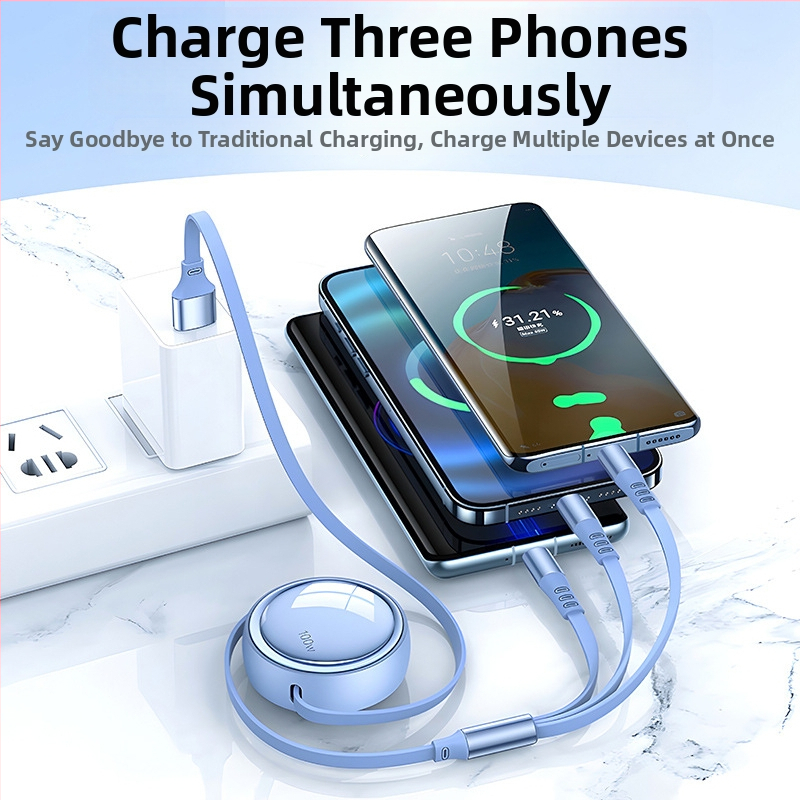 Kábel do auta 3 v 1 s výsuvným dátovým káblom pre Apple a Huawei, s konektormi Lightning, Micro USB a Type-C, dĺžka 1–2 m.