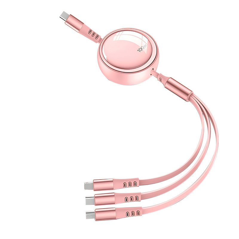 Kábel do auta 3 v 1 s výsuvným dátovým káblom pre Apple a Huawei, s konektormi Lightning, Micro USB a Type-C, dĺžka 1–2 m.