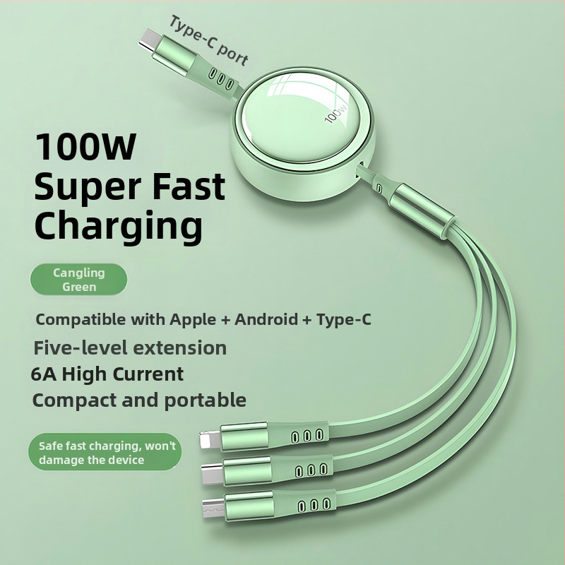 Kábel do auta 3 v 1 s výsuvným dátovým káblom pre Apple a Huawei, s konektormi Lightning, Micro USB a Type-C, dĺžka 1–2 m.