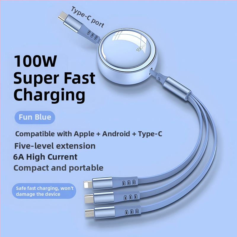 Kábel do auta 3 v 1 s výsuvným dátovým káblom pre Apple a Huawei, s konektormi Lightning, Micro USB a Type-C, dĺžka 1–2 m.